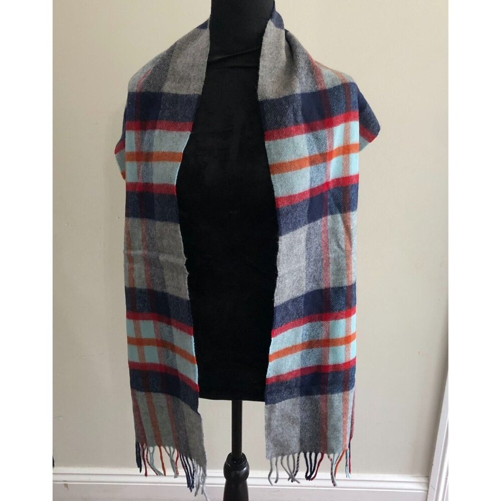 Moon Scarf BB221 Blue Grey Orange Red Plaid Oversized Flat Fringed One Size